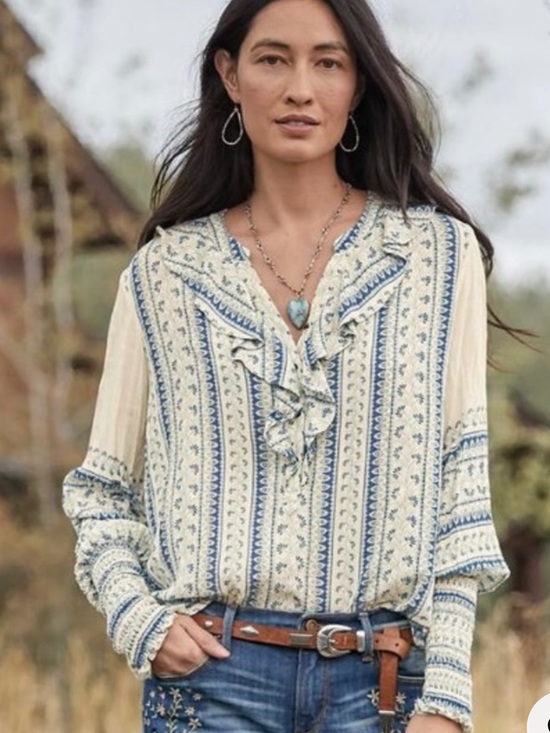 Sundance Tops - Sundance Blue Cream Boho Floral Print Ruffle Blouse Medium